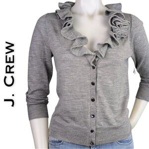 NWOT J. Crew Small Gray Merino Wool Ruffle Neck Cardigan Sweater